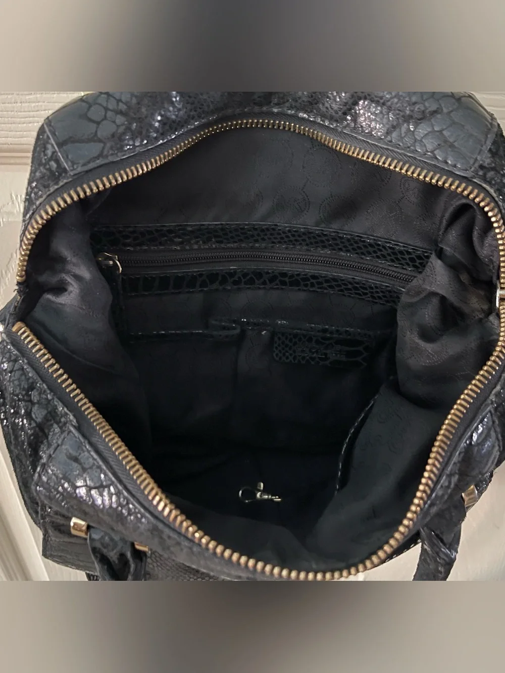 Michael Kors Black Python Embossed Satchel with Gold Hardware